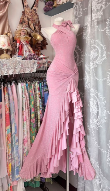 Chic Mermaid Halter Satin Ruffle Hem Long Prom Dress, Evening Dress - FashionDia