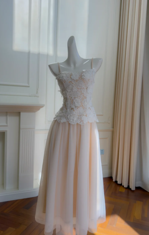 Elegant A-Line Spaghetti Straps Tulle Lace Long Prom Dress, Evening Dress - FashionDia