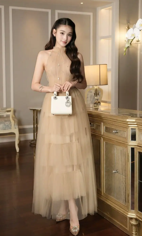 Elegant A-Line Halter Tulle Long Prom Dress, Evening Dress - FashionDia