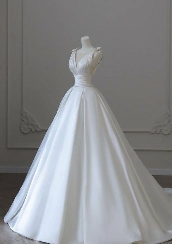 Chic Ball Gown V neckline White Long Satin Wedding Dresses