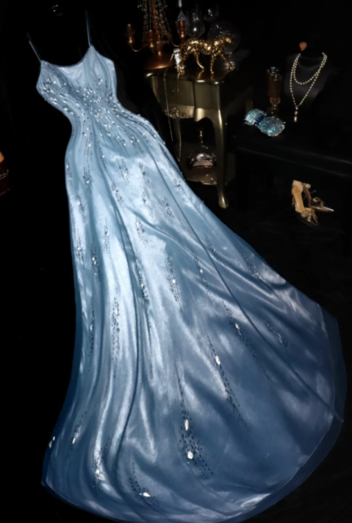 Classy A-Line Spaghetti Straps Satin Long Prom Dress, Evening Dress - FashionDia