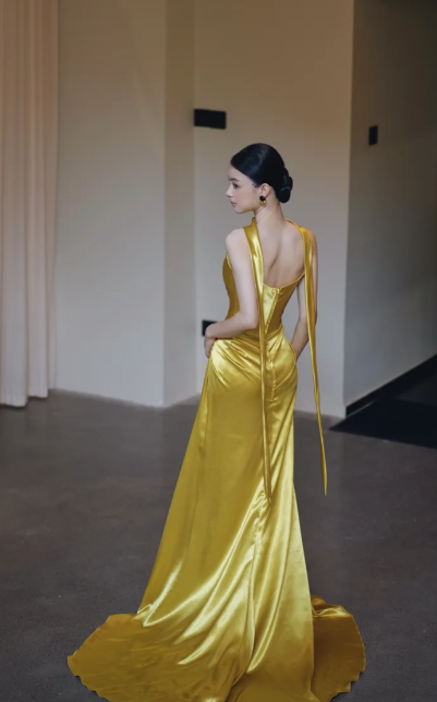Yellow Mermaid Strapless Satin Long Prom Dress, Evening Dress - View 2 | FashionDia