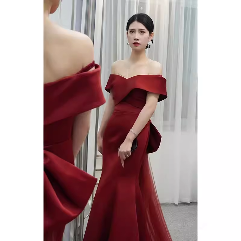 Sexy Mermaid Off-the-Shoulder Satin Burgundy Long Prom Dresses With Bowknot - View 2 | FashionDia