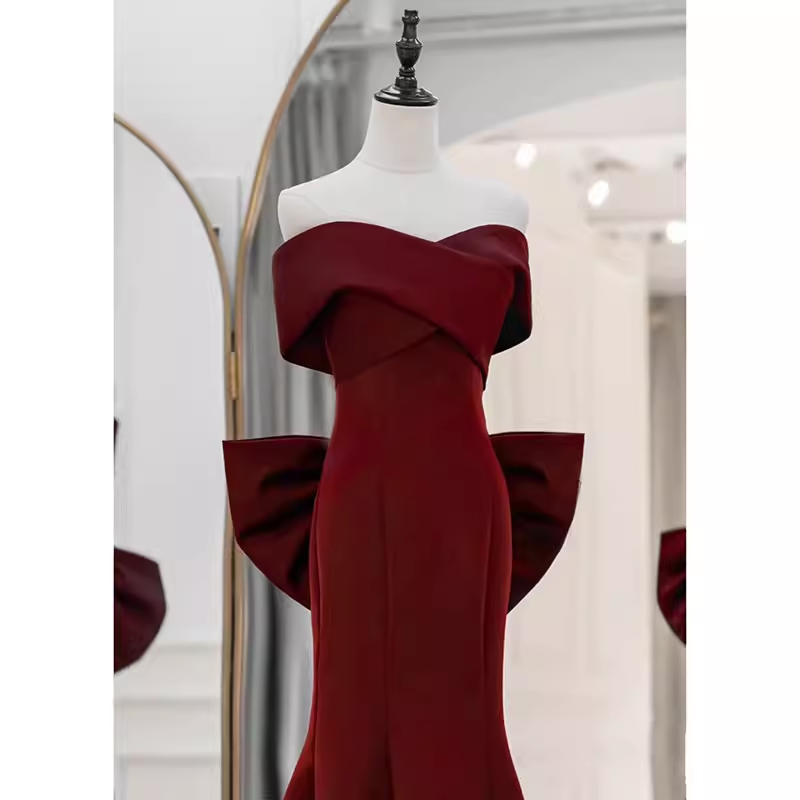Sexy Mermaid Off-the-Shoulder Satin Burgundy Long Prom Dresses With Bowknot - FashionDia