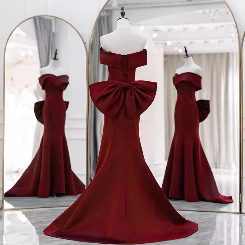 Sexy Mermaid Off-the-Shoulder Satin Burgundy Long Prom Dresses With Bowknot - View 5 | FashionDia