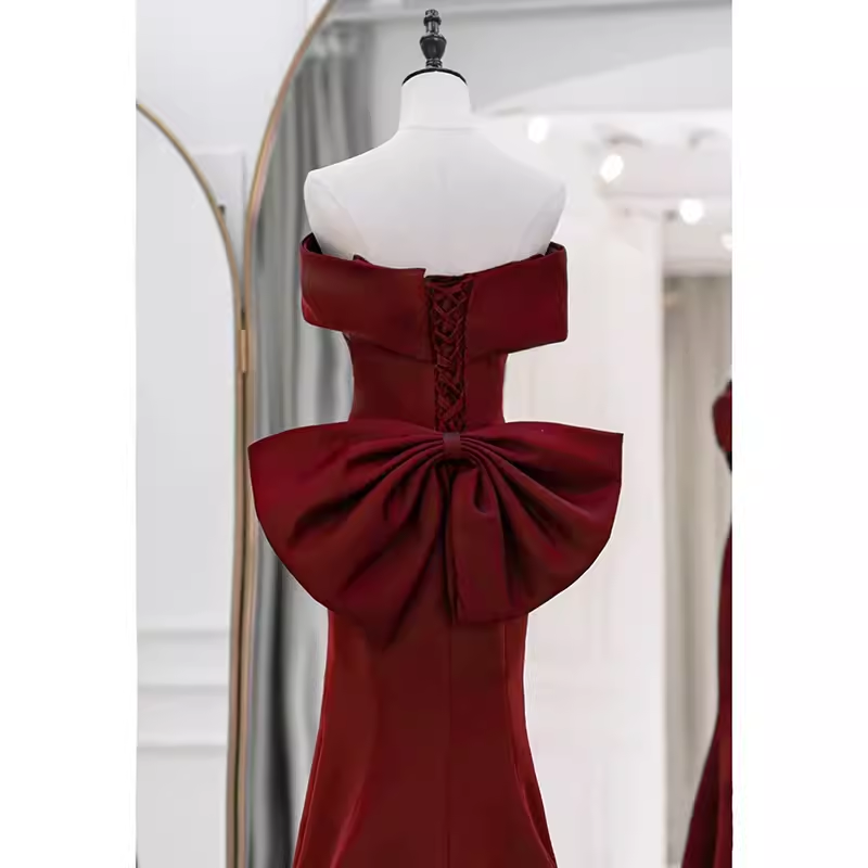 Sexy Mermaid Off-the-Shoulder Satin Burgundy Long Prom Dresses With Bowknot - View 3 | FashionDia