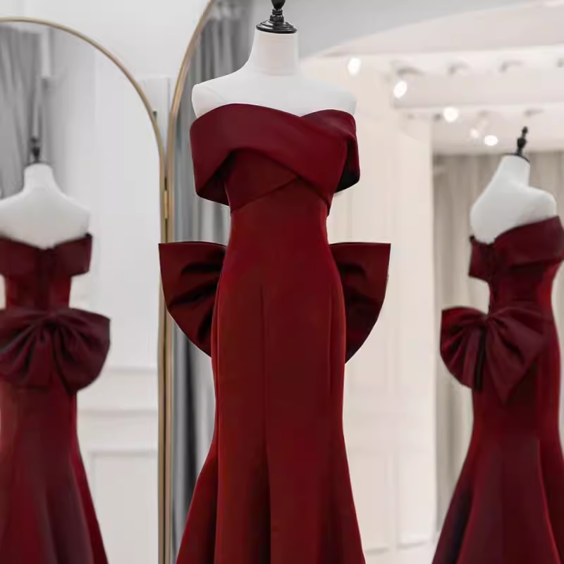 Sexy Mermaid Off-the-Shoulder Satin Burgundy Long Prom Dresses With Bowknot - View 4 | FashionDia
