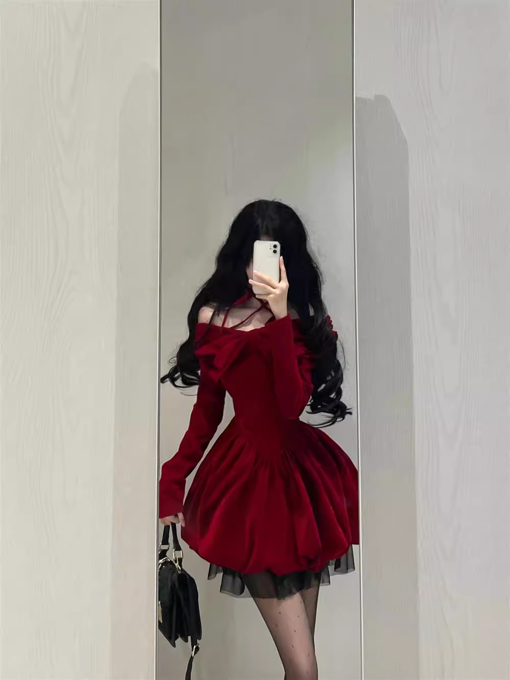 Cute Ball Gown Long Sleeves Velvet Red Short Cocktail Dresses Birthday Outfits - View 4 | FashionDia
