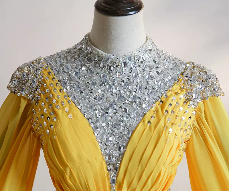Yellow Chiffon Long Beaded Ball Gown Formal Dress, Yellow Formal Dress, Prom Dress - View 3 | FashionDia