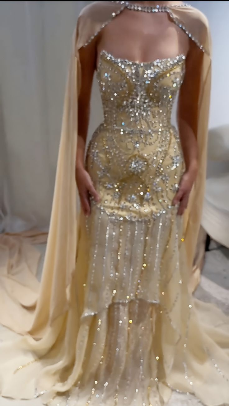 Glitter Yellow Chiffon Sequin Beaded Mermaid Evening Dress Long Birthday Prom Gown - FashionDia