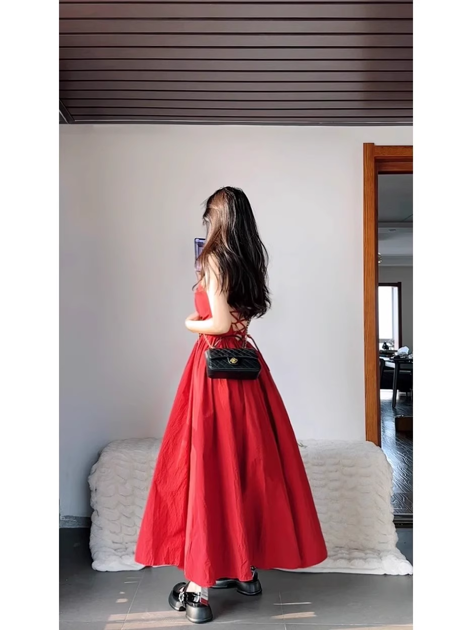 Chic A-Line Spaghetti Straps Red Backless Ruffles Long Prom Dresses Birthday Outfits - View 3 | FashionDia