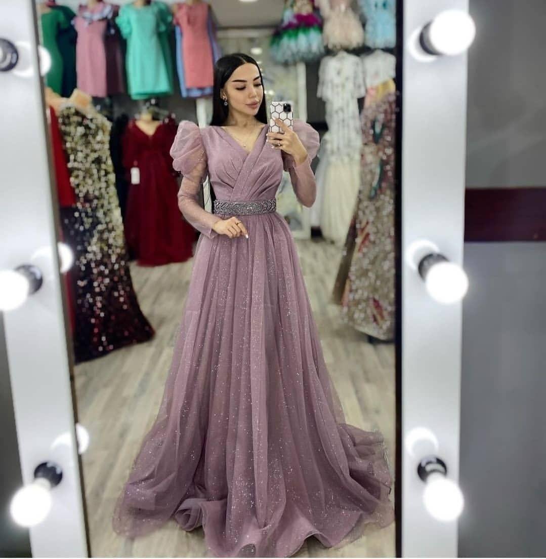 Sparkly A-line Tulle Evening Dress Modest Evening Gown Y4993 - VelvetHem