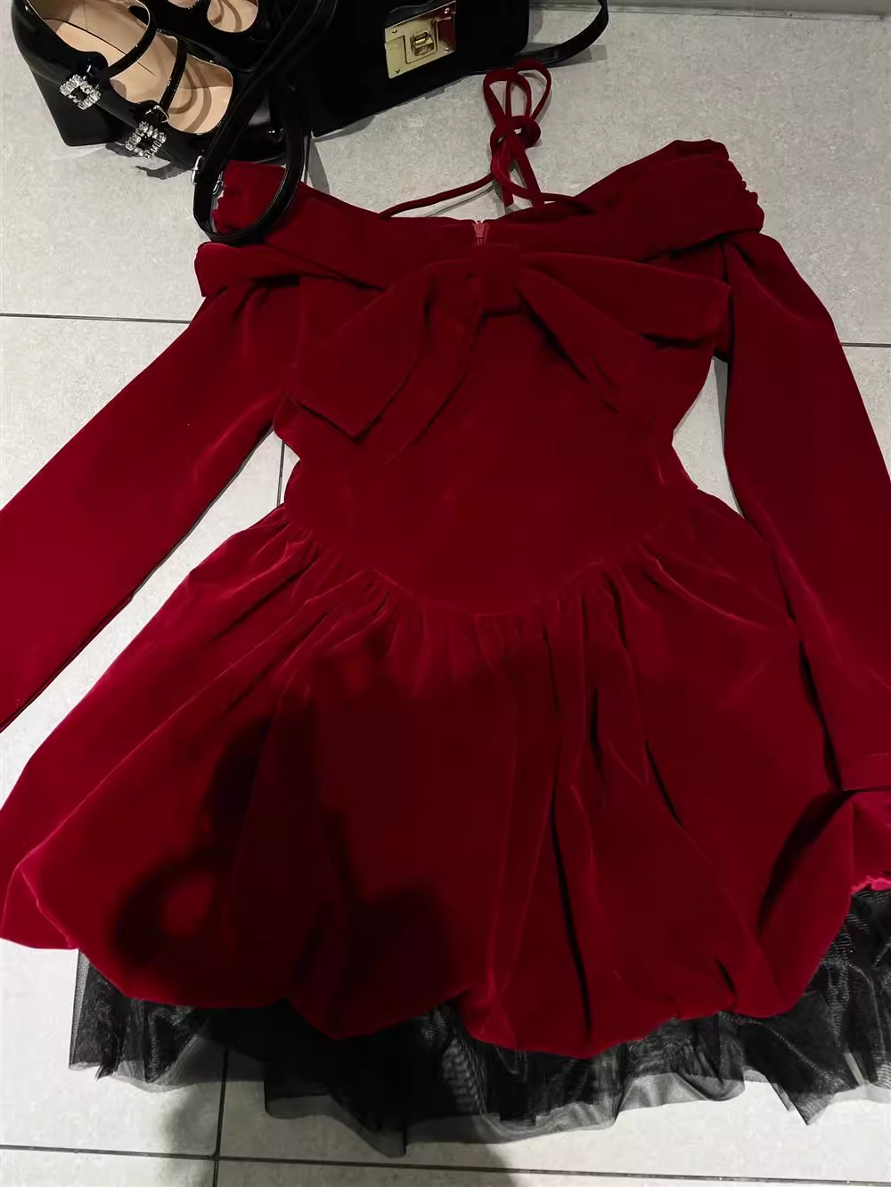 Cute Ball Gown Long Sleeves Velvet Red Short Cocktail Dresses Birthday Outfits - View 5 | FashionDia