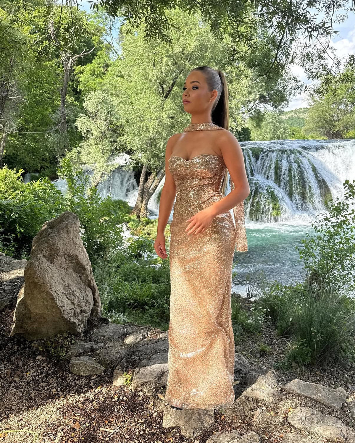Sweetheart Gold Sequin Mermaid Long Prom Dress Sparkling Evening Dress