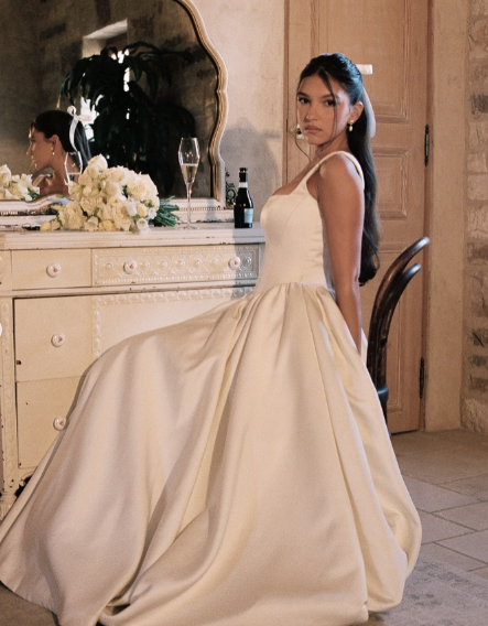 Simple Ball Gown Straps Ivory Satin Long Wedding Dress - View 5 | FashionDia