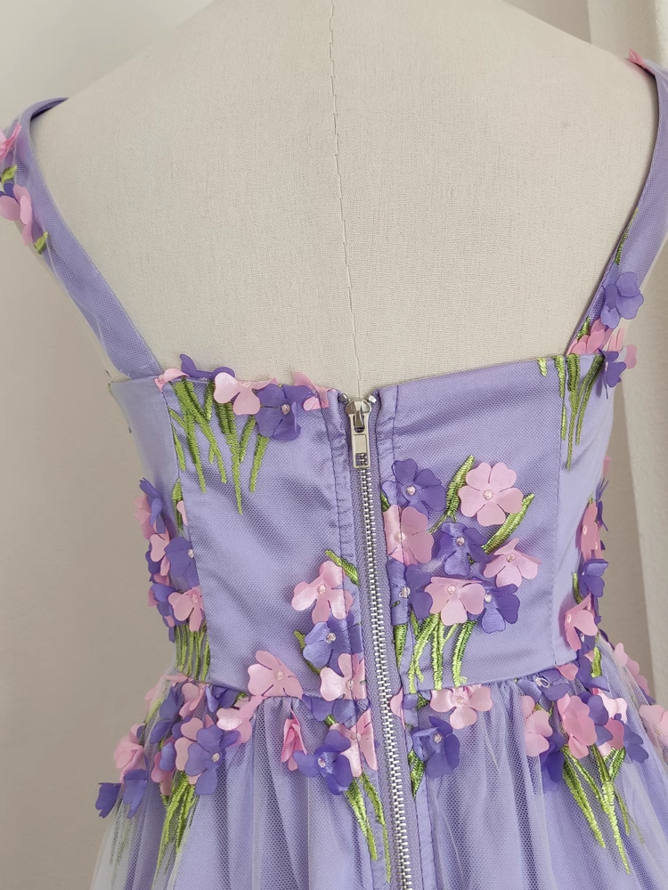 Cute A-Line Straps Sleeveless Lilac Floral Party Dress Short Birthday Outfits - View 6 | FashionDia