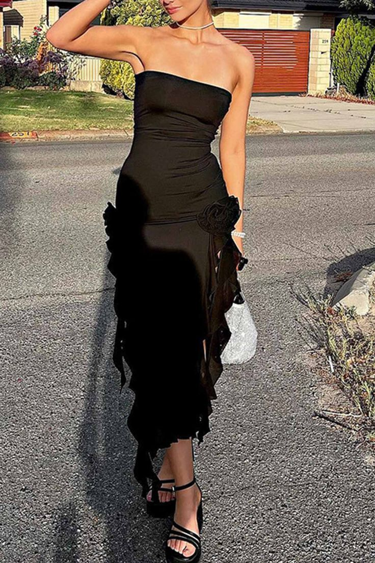 Sexy Black Strapless Black Slit Prom Dress Ruffles Party Dress With Floral - View 3 | FashionDia