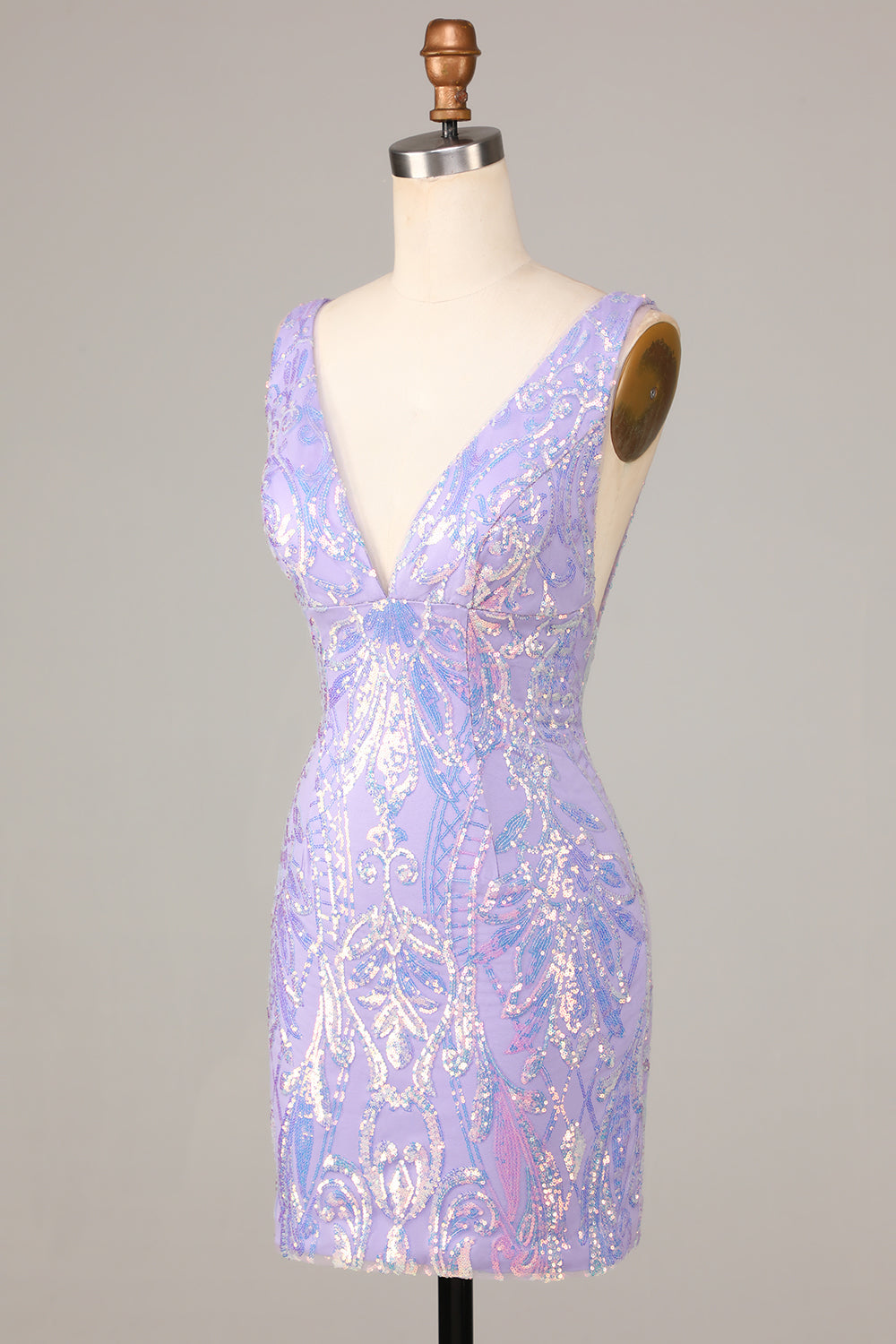 Sparkly Lilac Sequins Beaded V neck Bodycon Short Homecoming Dress