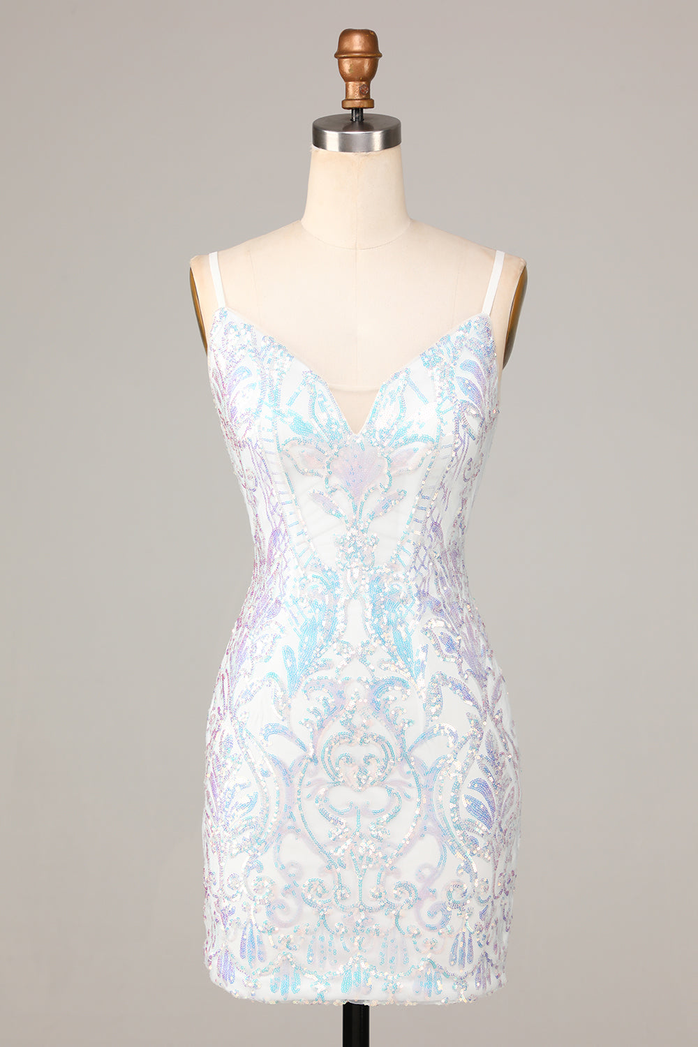Sparkly White Sequins Beaded V neck Bodycon Short Homecoming Dress