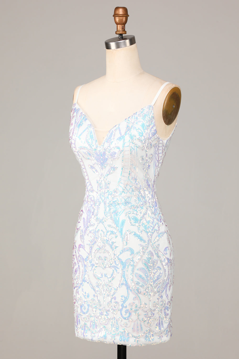 Sparkly White Sequins Beaded V neck Bodycon Short Homecoming Dress