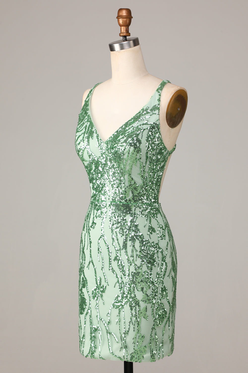 Bodycon Spaghetti Straps Green Sequins Short Homecoming Dress with Cross Back