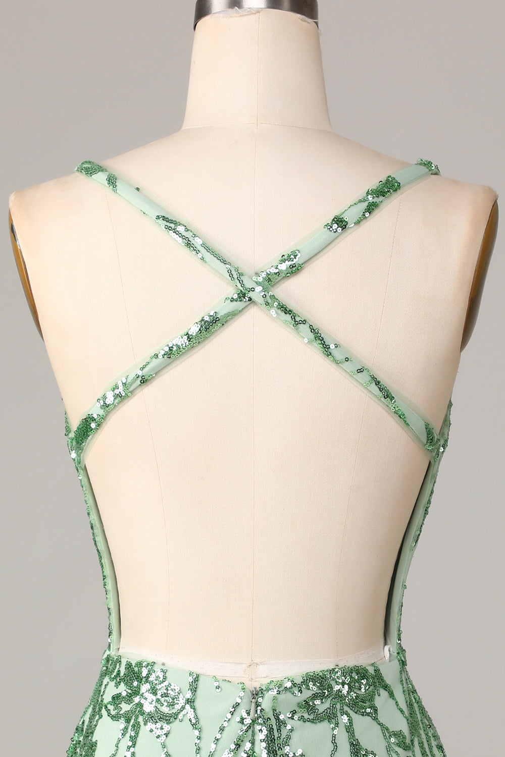 Bodycon Spaghetti Straps Green Sequins Short Homecoming Dress with Cross Back