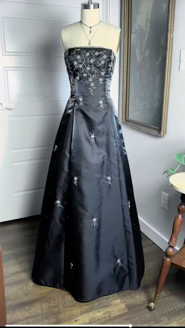 Vintage Strapless Black Satin Beaded A-Line Long Party Dress Evening Dress - FashionDia
