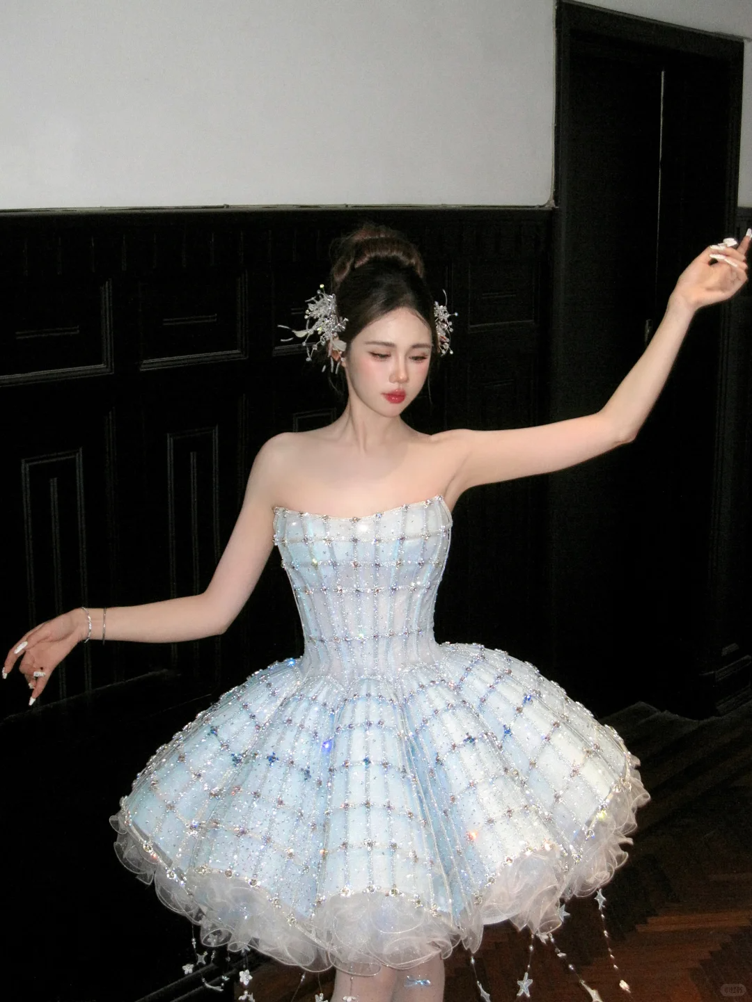 Glitter Blue Strapless Tulle Sequin Beaded A-Line Short Homecoming Dress 18th Princess Birthday Outfits - View 2 | FashionDia