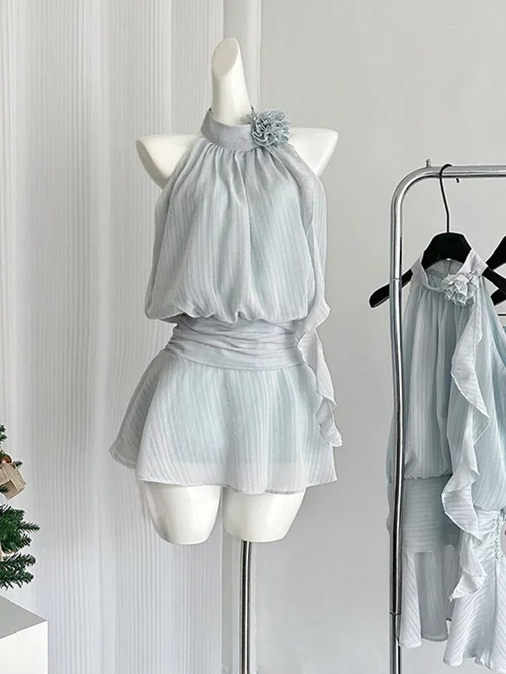 Blue Mini Sleeveless Chiffon Dress Women Frock Vacation Dress - FashionDia