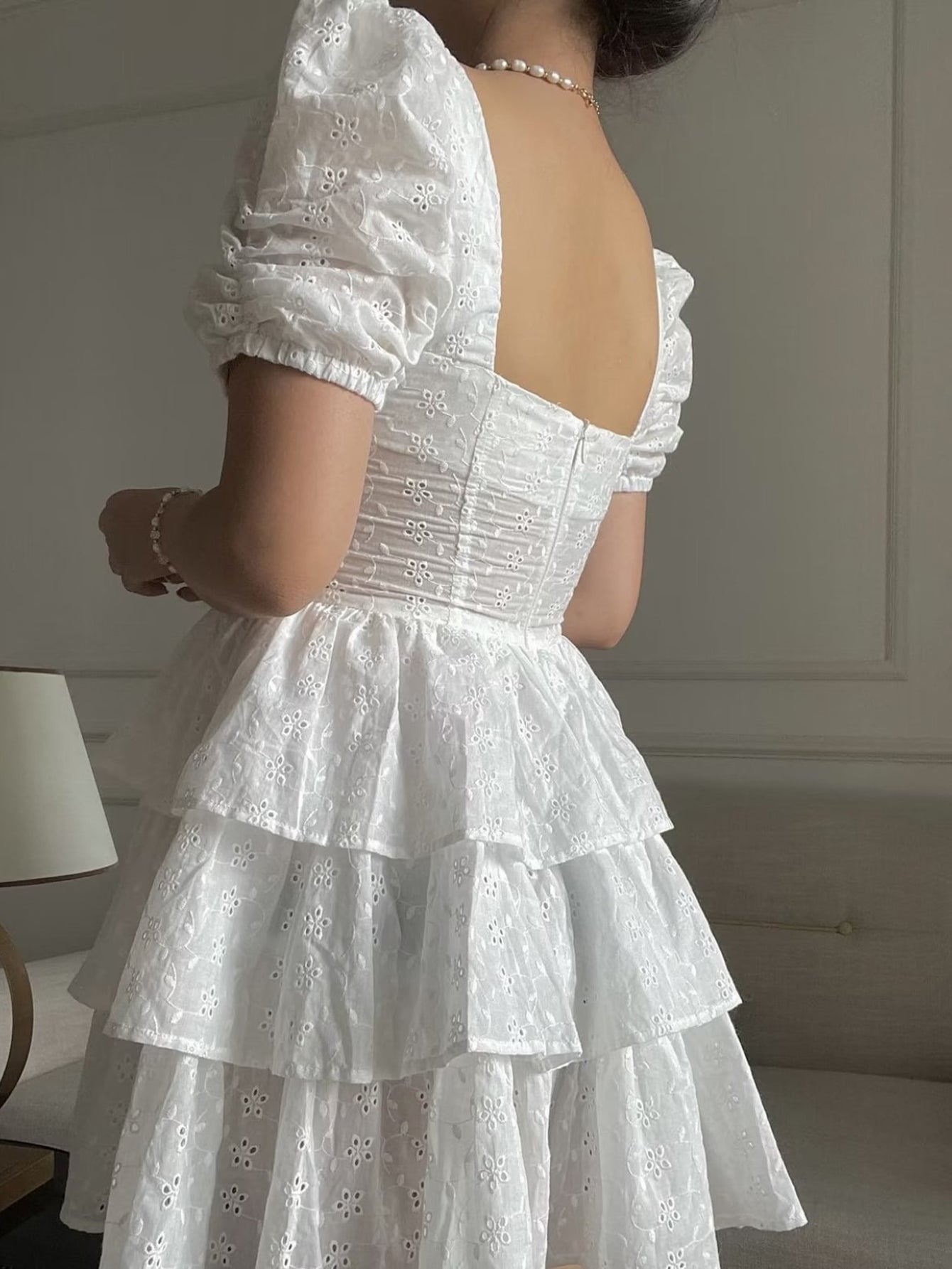 Lace Tight White A Line Puffy Sleeves Short Graduation Party Dress - Fashionpara