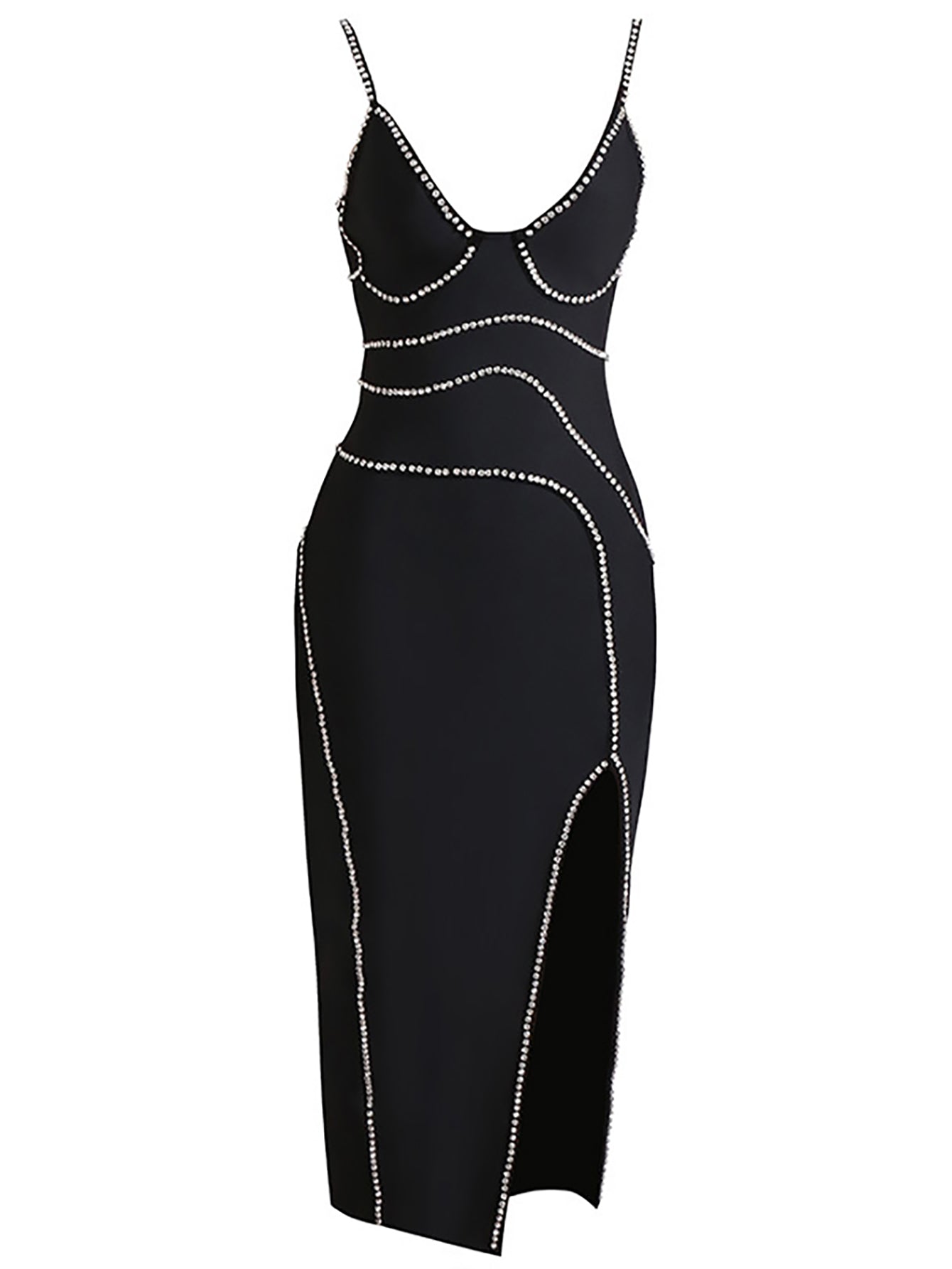 Black V Neck Bodycon Midi Party Dress - Fashionpara