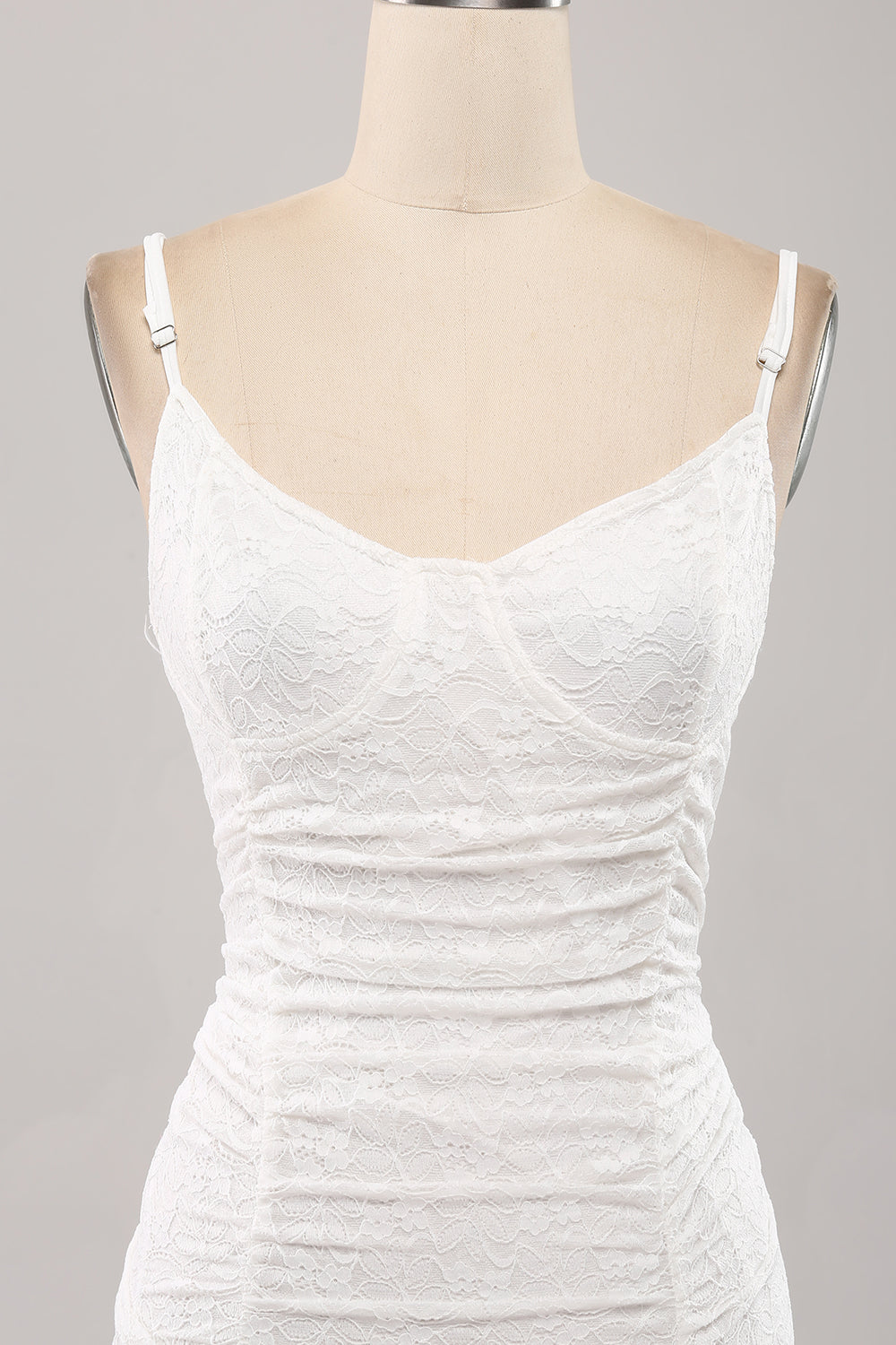 Spaghetti Straps Bodycon Pleated Lace Little White Graduation Dress