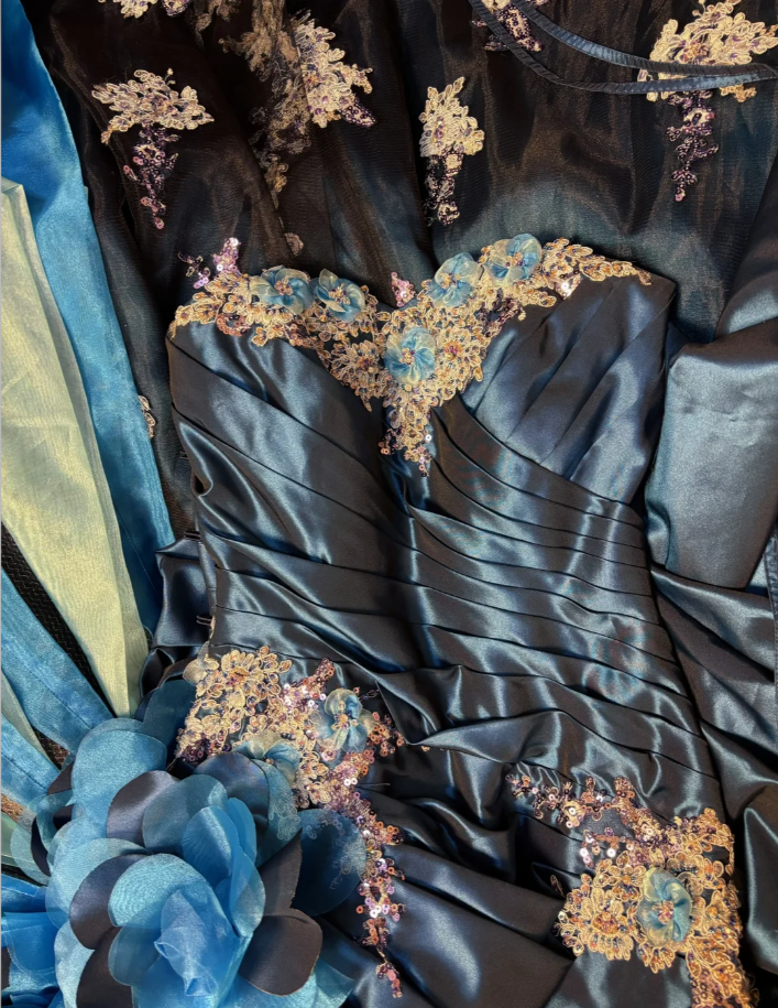 Pretty Blue Spaghetti Straps Satin Pleated Appliques Beaded Mermaid Evening Dress Long Prom Dress - View 3 | FashionDia