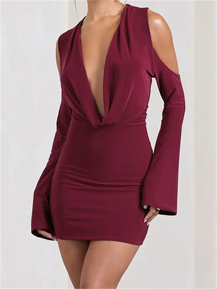 Elegant Front Ruched Vneck Mini Dresses