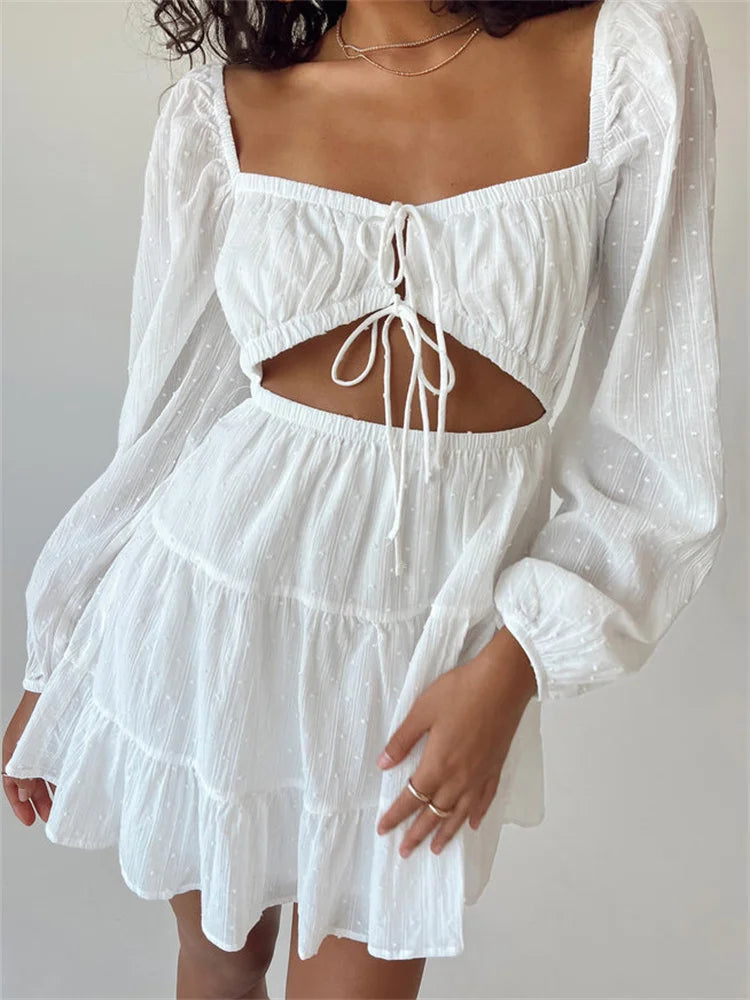 Spring Autumn LaceUp Long Sleeve Mini Dresses