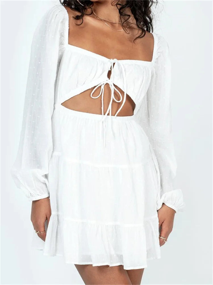 Spring Autumn LaceUp Long Sleeve Mini Dresses