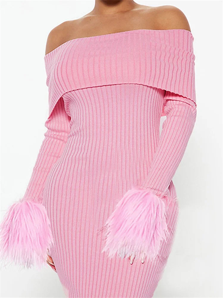 Knitted Long Sleeve OffShoulder Fur Patchwork Ribbed Bodycon Midi Dress