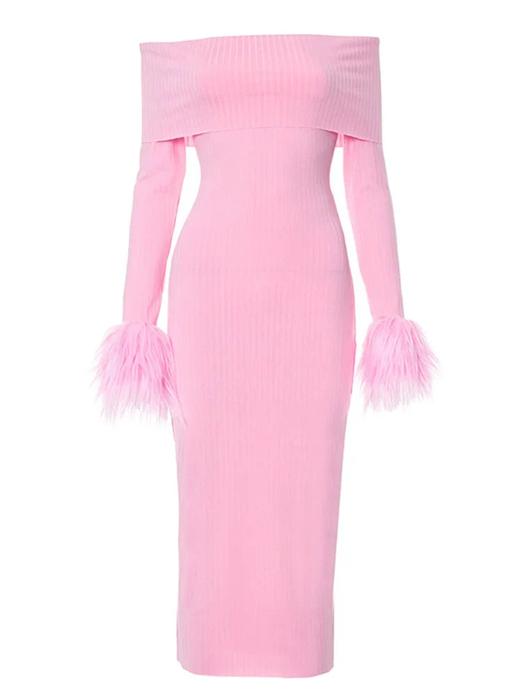 Knitted Long Sleeve OffShoulder Fur Patchwork Ribbed Bodycon Midi Dress