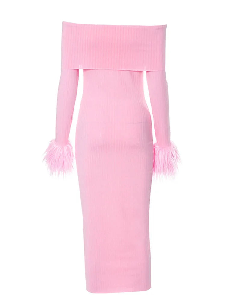 Knitted Long Sleeve OffShoulder Fur Patchwork Ribbed Bodycon Midi Dress