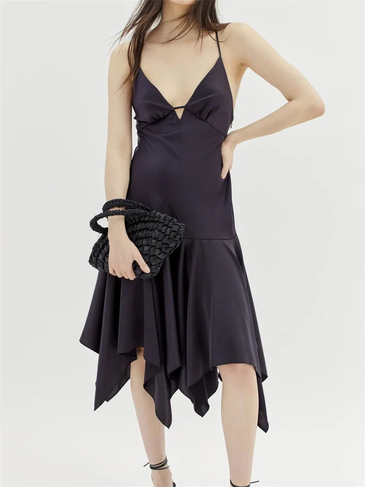 Sleeveless Deep VNeck Backless CrissCross Pleated Party Midi Dress
