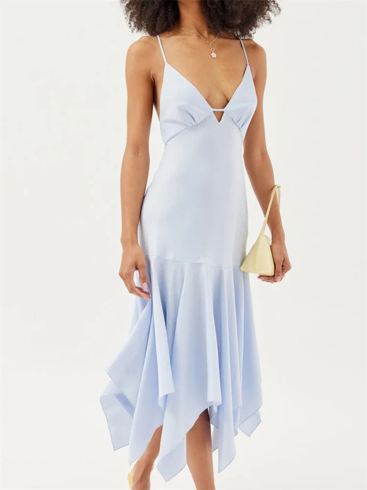 Sleeveless Deep VNeck Backless CrissCross Pleated Party Midi Dress