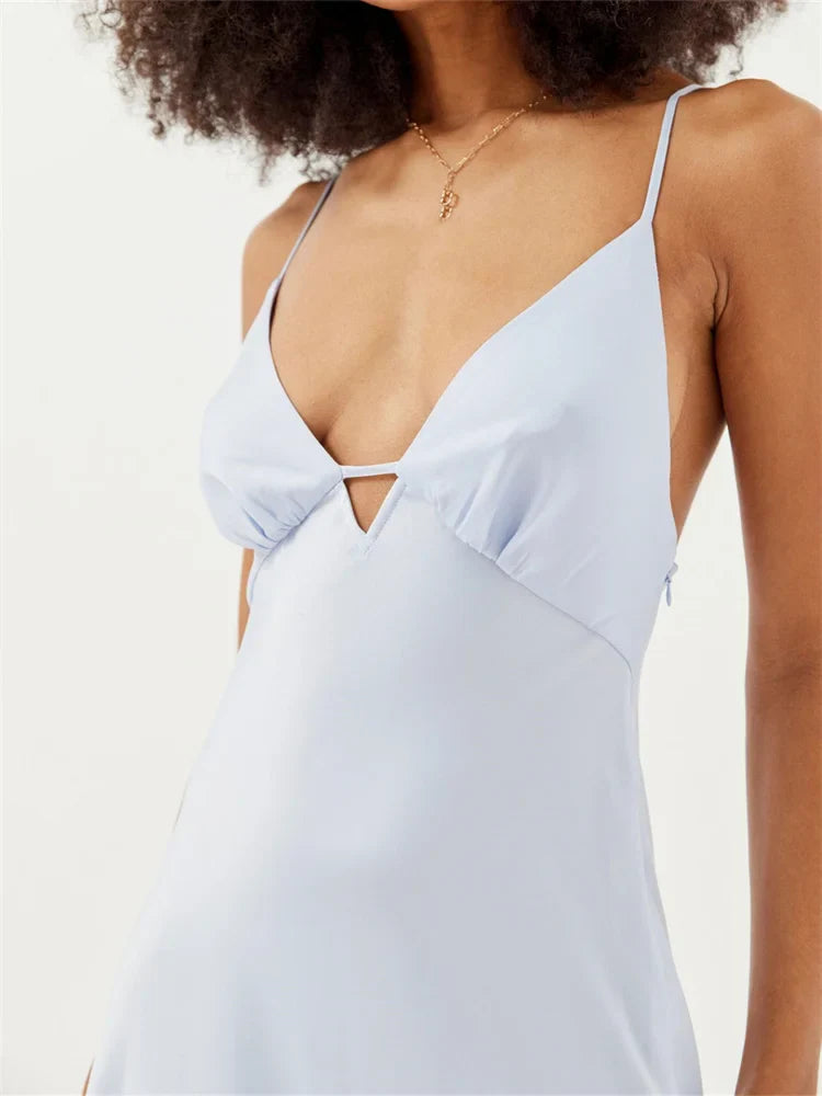 Sleeveless Deep VNeck Backless CrissCross Pleated Party Midi Dress
