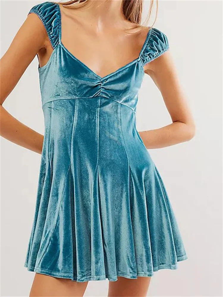 Velvet VNeck Sleeveless High Waist Mini Dresses