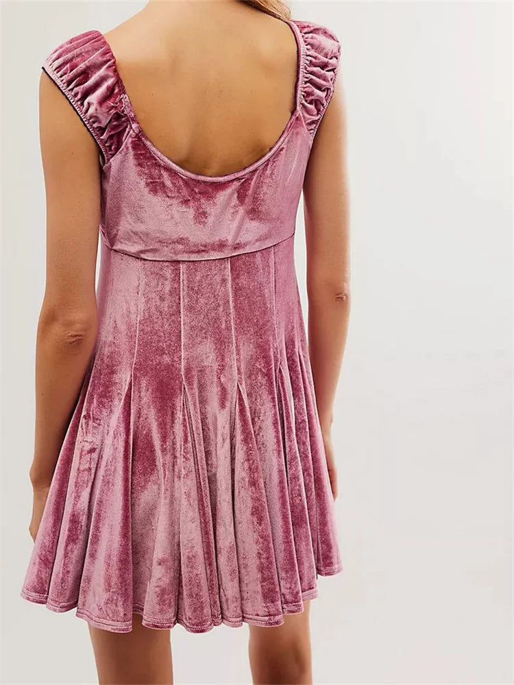 Velvet VNeck Sleeveless High Waist Mini Dresses