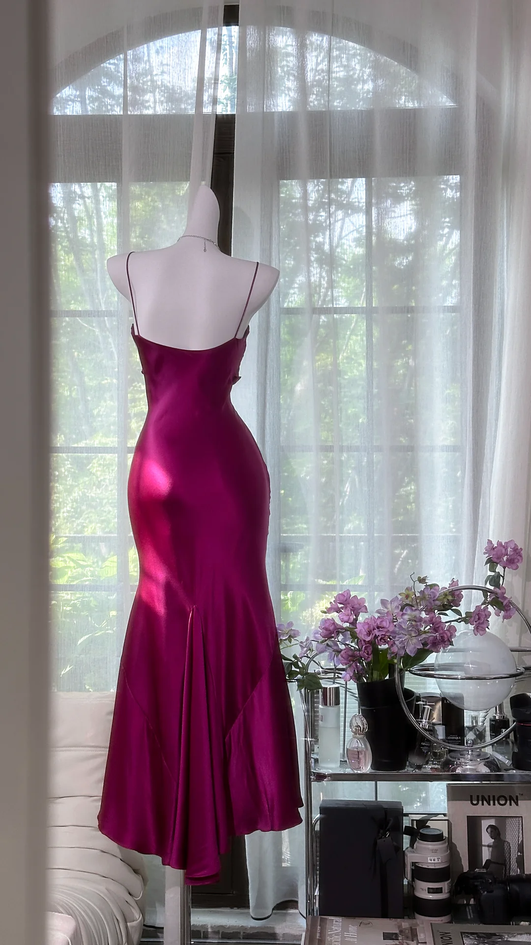 Vintage Spaghetti Straps Satin Pleated Hot Pink Long Party Dress Prom Gown - View 2 | FashionDia