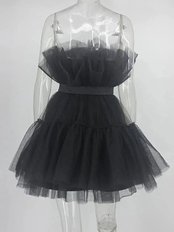 Women's Tulle Princess Mini Dress Ruffle Mesh Party Prom Wedding Tutu Fairy Dress Black Homecoming Dress (ZD12496)