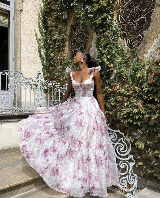 Classy Rose Print Floral Chiffon A-Line Prom Evening Dress,Long Party Gown - FashionDia