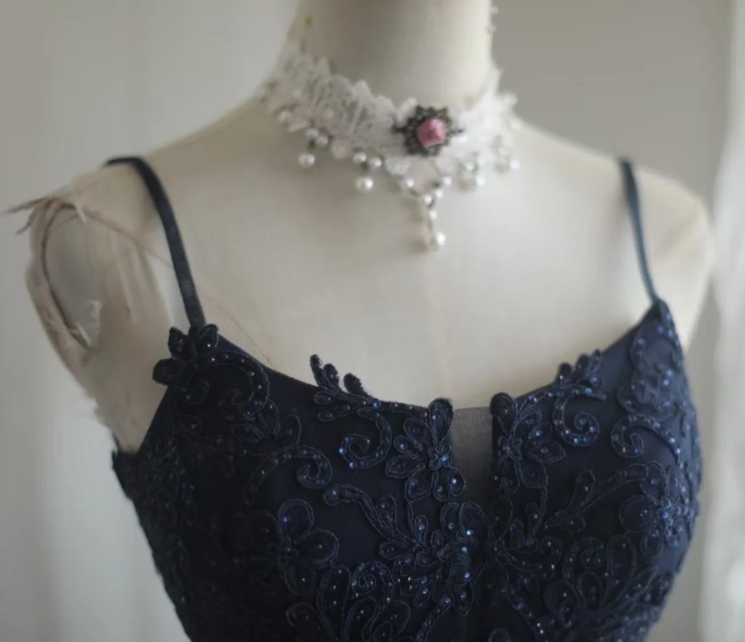 Elegant Spaghetti Straps Navy Blue Tulle Lace Appliques Mermaid Evening Dress Birthday Outfits - View 3 | FashionDia