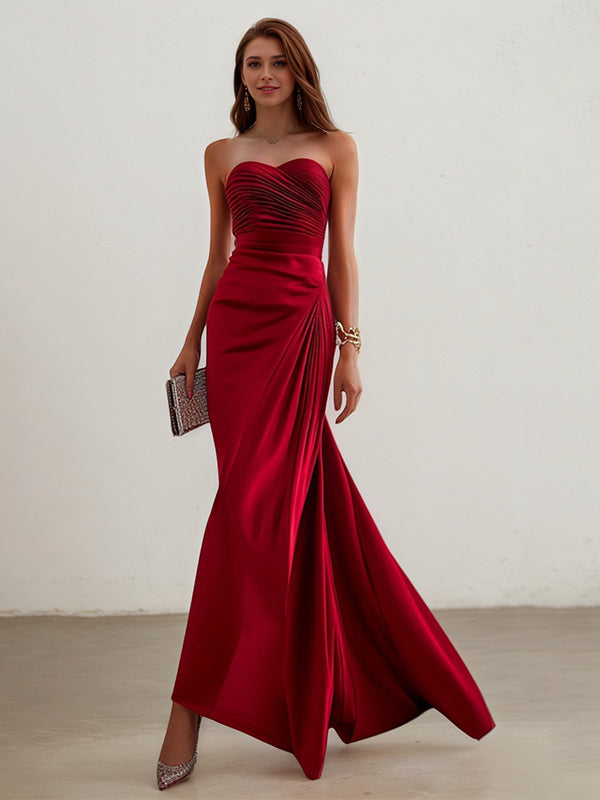 Elegant Formal Red Ankle Length Prom Dress Strapless Evening Gown - FashionDia