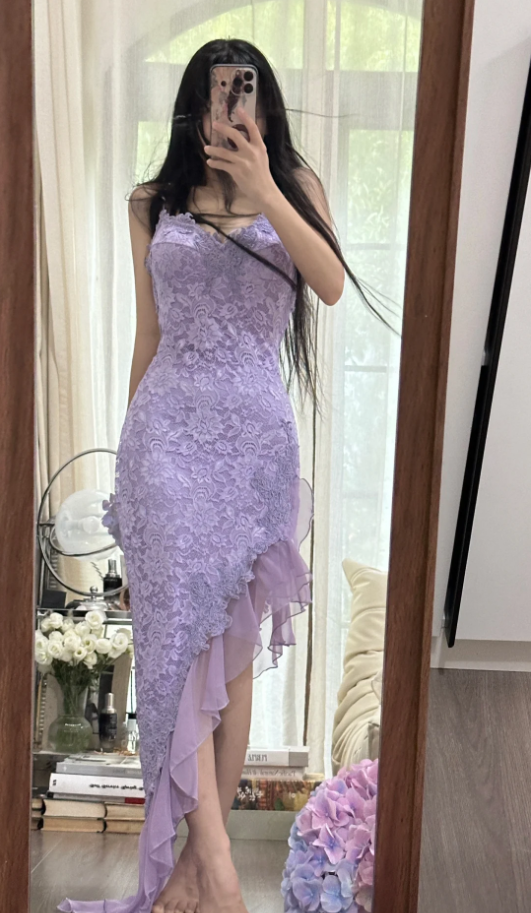 Pretty Spaghetti Straps Lavender V-Neck Lace Chiffon Ruffles Long Party Dress Birthday Dress - View 4 | FashionDia